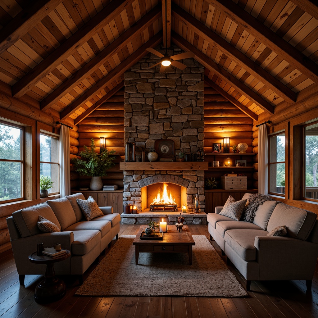 Prompt: Rustic cabin, wooden beams, stone walls, warm fireplace, soft candlelight, dimmed lanterns, cozy atmosphere, natural textiles, earthy colors, wooden furniture, vintage decor, distressed finishes, warm color palette, golden hour lighting, low-key illumination, subtle shadows, ambient glow, rustic metal fixtures, Edison bulbs, pendant lights, table lamps, floor lamps.