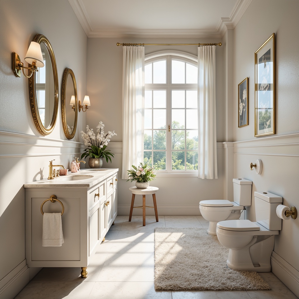 Prompt: Soft powder room ambiance, calming neutral tones, creamy whites, warm beige, gentle grays, soothing blues, pastel pinks, elegant gold accents, marble countertops, ornate mirrors, plush carpeting, delicate florals, natural daylight, softbox lighting, shallow depth of field, 1/2 composition, realistic textures, ambient occlusion.