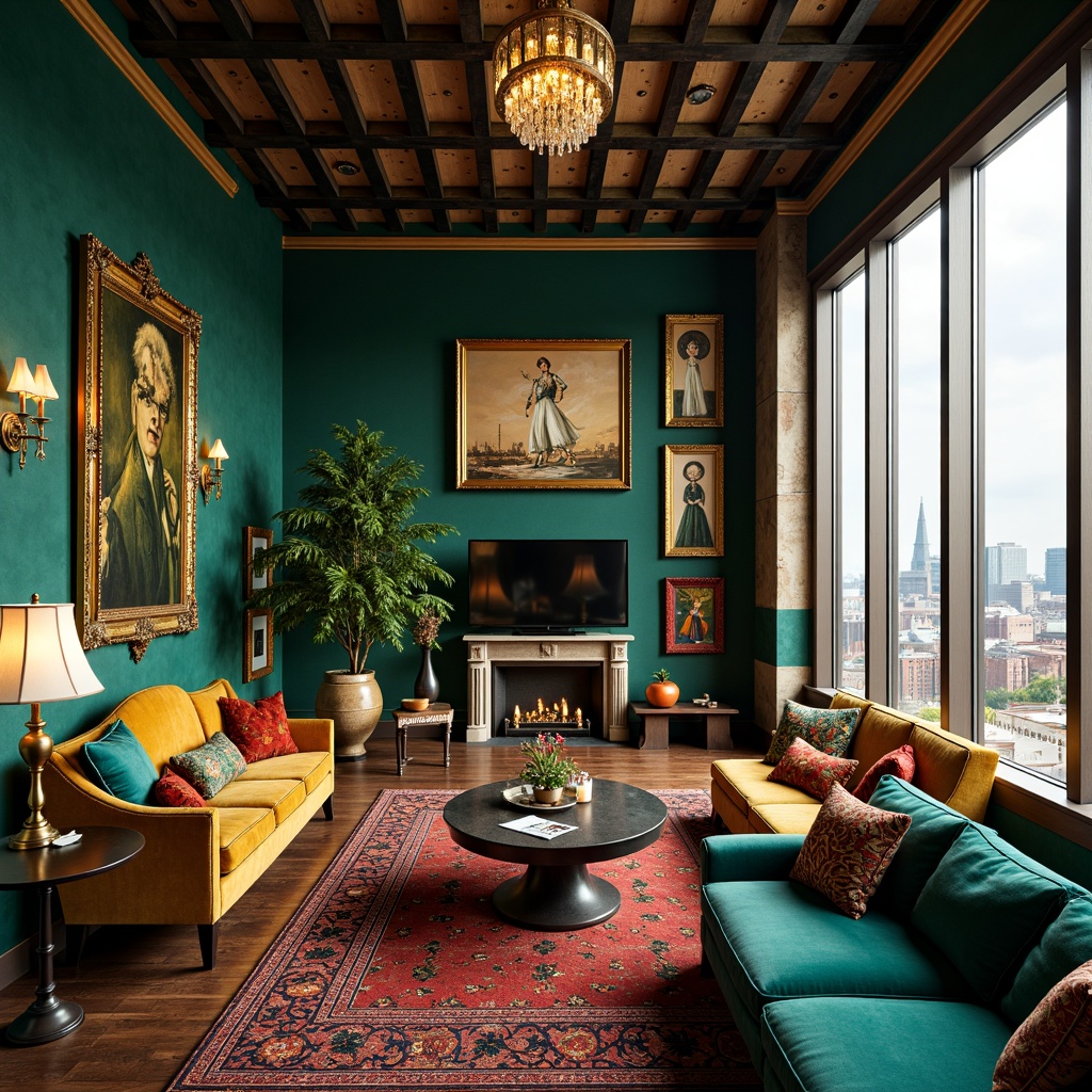 Prompt: Vibrant eclectic penthouse, rich jewel tones, emerald green walls, bold turquoise accents, warm golden lighting, plush velvet furnishings, ornate antique decor, lavish crystal chandeliers, sleek modern art pieces, reclaimed wood floors, industrial metal beams, floor-to-ceiling windows, breathtaking cityscape views, soft focus bokeh, cinematic composition, dramatic shadows, vivid color contrast.