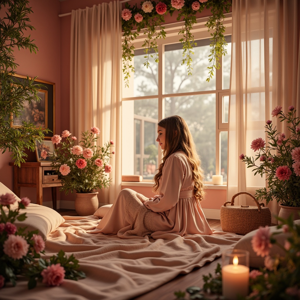 Prompt: Soft rose hues, calming atmosphere, warm beige tones, gentle peach accents, plush velvet textures, delicate lace patterns, elegant drapery, inviting candlelight, peaceful ambiance, serene natural surroundings, blooming garden flowers, subtle fragrance, soothing music, 1/1 composition, soft focus, warm golden lighting, romantic evening mood.