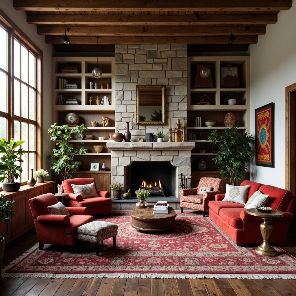 Prompt: Richly patterned rug, distressed wood flooring, eclectic furniture mix, velvet sofas, leather armchairs, ornate antique pieces, vibrant colorful throw pillows, metallic accents, natural stone fireplace, reclaimed wood walls, high ceilings, large windows, abundant natural light, warm cozy atmosphere, layered lighting, soft shadows, 1/1 composition, realistic textures, ambient occlusion.