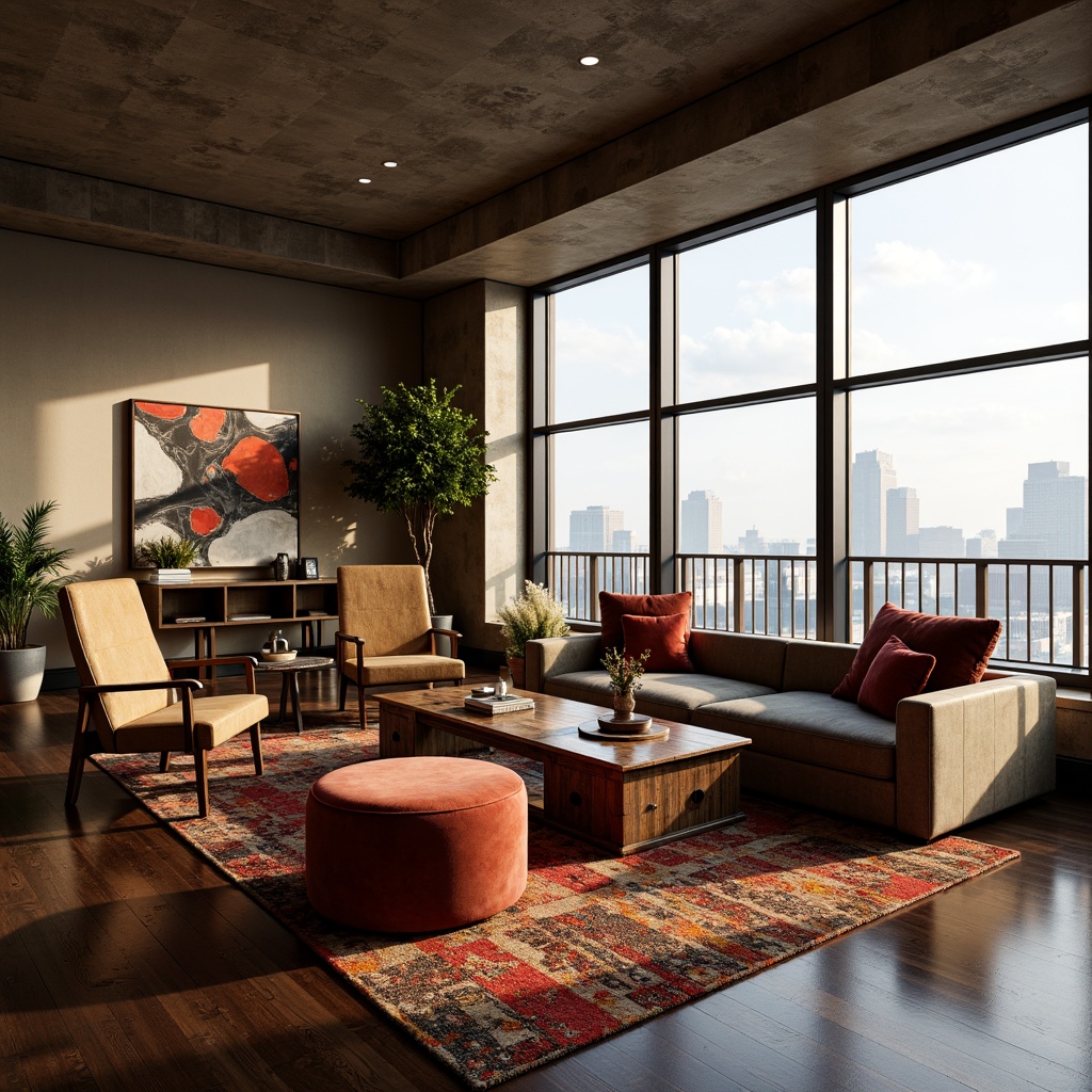 Prompt: Luxurious penthouse, eclectic style, mix-and-match furniture, vintage armchairs, modern sofas, velvet ottomans, reclaimed wood coffee tables, metallic side tables, bold colorful rugs, abstract artwork, floor-to-ceiling windows, cityscape views, sleek metal balconies, warm golden lighting, atmospheric ambiance, 1/1 composition, shallow depth of field, realistic textures.