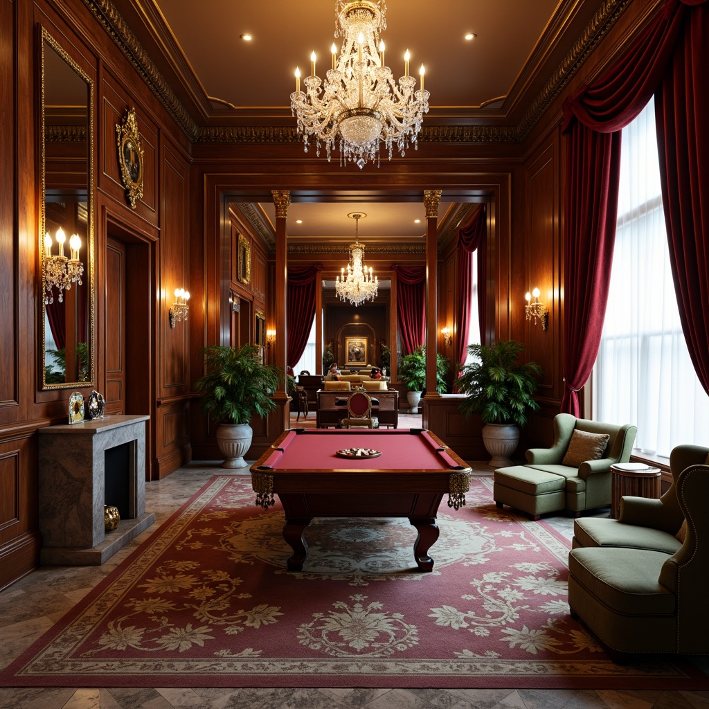 Prompt: Luxurious game room, rich wood paneling, ornate mirrors, crystal chandeliers, velvet drapes, antique furnishings, neoclassical architecture, intricate moldings, gilded accents, marble floors, grand pianos, lavish carpets, tufted upholstery, elegant lighting fixtures, subtle color palette, sophisticated ambiance, 1/2 composition, warm softbox lighting, shallow depth of field.