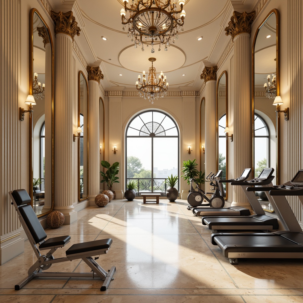 Prompt: Elegant home gym, neoclassical columns, ornate mirrors, polished marble floors, rich wood accents, gilded moldings, cream-colored walls, luxurious chandeliers, crystal sconces, athletic equipment, free weights, treadmills, exercise bikes, mirrored ceilings, dramatic archways, subtle ambient lighting, soft warm color palette, 1/1 composition, symmetrical layout, realistic textures, ambient occlusion.