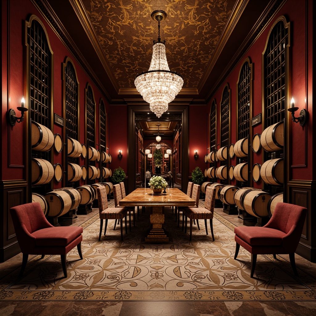 Prompt: Luxurious wine cellar, ornate metalwork, rich wood tones, velvety dark reds, deep burgundies, golden accents, bronze finishes, lavish marble floors, intricate geometric patterns, opulent crystal chandeliers, soft warm lighting, dramatic shadows, 1920s glamour, sophisticated ambiance, elegant furnishings, refined textures, vintage wine barrels, ornate wine racks, luxurious fabrics.