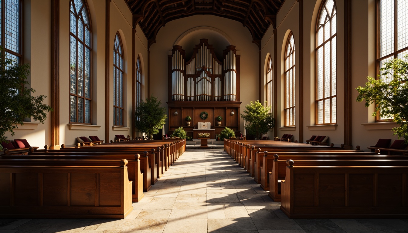 Prompt: \Sacred church interior, elegant wooden pews, stained glass windows, grand organ pipes, soft warm lighting, gentle shadows, natural stone flooring, intricate carvings, ornate altar, comfortable cushions, serene ambiance, 3/4 composition, symmetrical balance, subtle textures, ambient occlusion, worshipful atmosphere.\