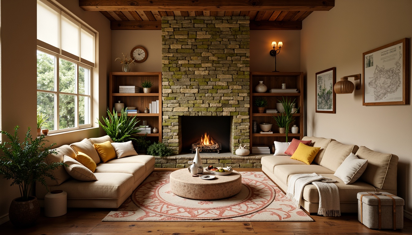 Prompt: Cozy nook, plush cushions, warm beige walls, rich wood accents, soft golden lighting, velvety textures, calming atmosphere, natural stone fireplace, earthy tones, moss greenery, rustic wooden shelves, vintage decor items, soft pastel hues, whimsical patterns, comfortable seating areas, intimate setting, relaxed ambiance.