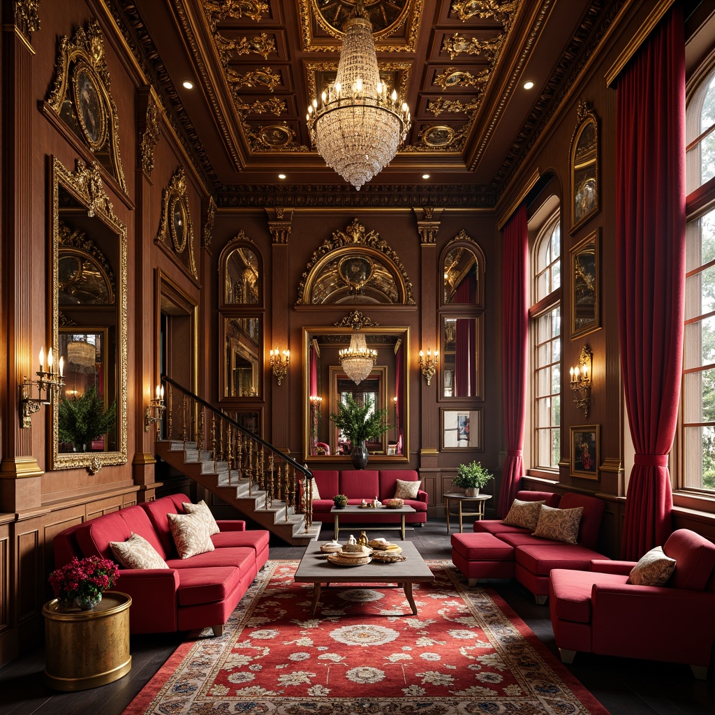 Prompt: Luxurious interior space, opulent furnishings, intricately carved wooden panels, gilded accents, crystal chandeliers, plush velvet fabrics, rich jewel-toned colors, ornate mirrors, grand staircases, lavish drapery, Baroque-inspired patterns, regal atmosphere, soft warm lighting, 1/1 composition, shallow depth of field, realistic textures, ambient occlusion.