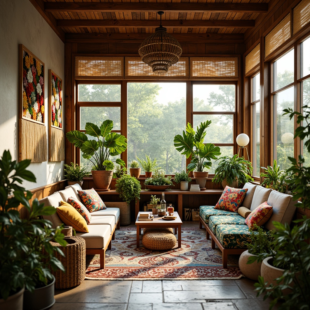 Prompt: Vibrant eclectic sunroom, lush greenery, natural stone floors, reclaimed wood accents, vintage Moroccan tiles, plush colorful throw pillows, rattan furniture, macrame wall hangings, woven bamboo shades, warm golden lighting, shallow depth of field, 1/1 composition, cozy reading nook, oversized windows, panoramic view, realistic textures, ambient occlusion.