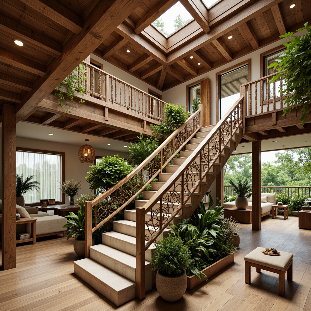 Prompt: Tropical staircase, exotic wood railings, intricate carvings, natural fiber ropes, woven rattan accents, ornate metal balusters, curved lines, organic shapes, lush greenery, vibrant flowers, warm beige tones, wooden floorboards, open-plan living area, high ceilings, large windows, soft diffused lighting, 1/1 composition, shallow depth of field, realistic wood textures, ambient occlusion.