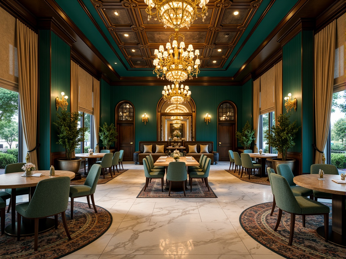 Prompt: Luxurious Art Deco interior, opulent chandeliers, metallic accents, rich jewel tones, emerald green walls, navy blue ceilings, golden fixtures, creamy marble floors, ornate geometric patterns, lavish velvet fabrics, sophisticated metallic sheens, warm ambient lighting, shallow depth of field, 1/1 composition, realistic textures, subtle gradient effects.