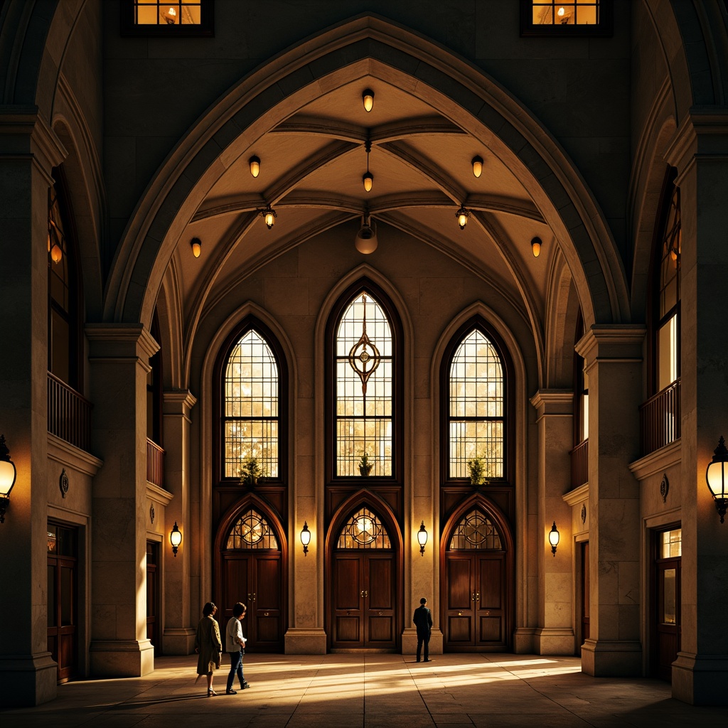 Prompt: Grandiose archway, pointed Gothic arches, ribbed vaults, ornate carvings, intricate stone patterns, majestic entrance gates, heavy wooden doors, iron hinges, medieval-inspired lanterns, stained glass windows, mysterious ambiance, warm golden lighting, dramatic shadows, atmospheric fog, cinematic composition, symmetrical framing, rich textures, detailed normal maps.