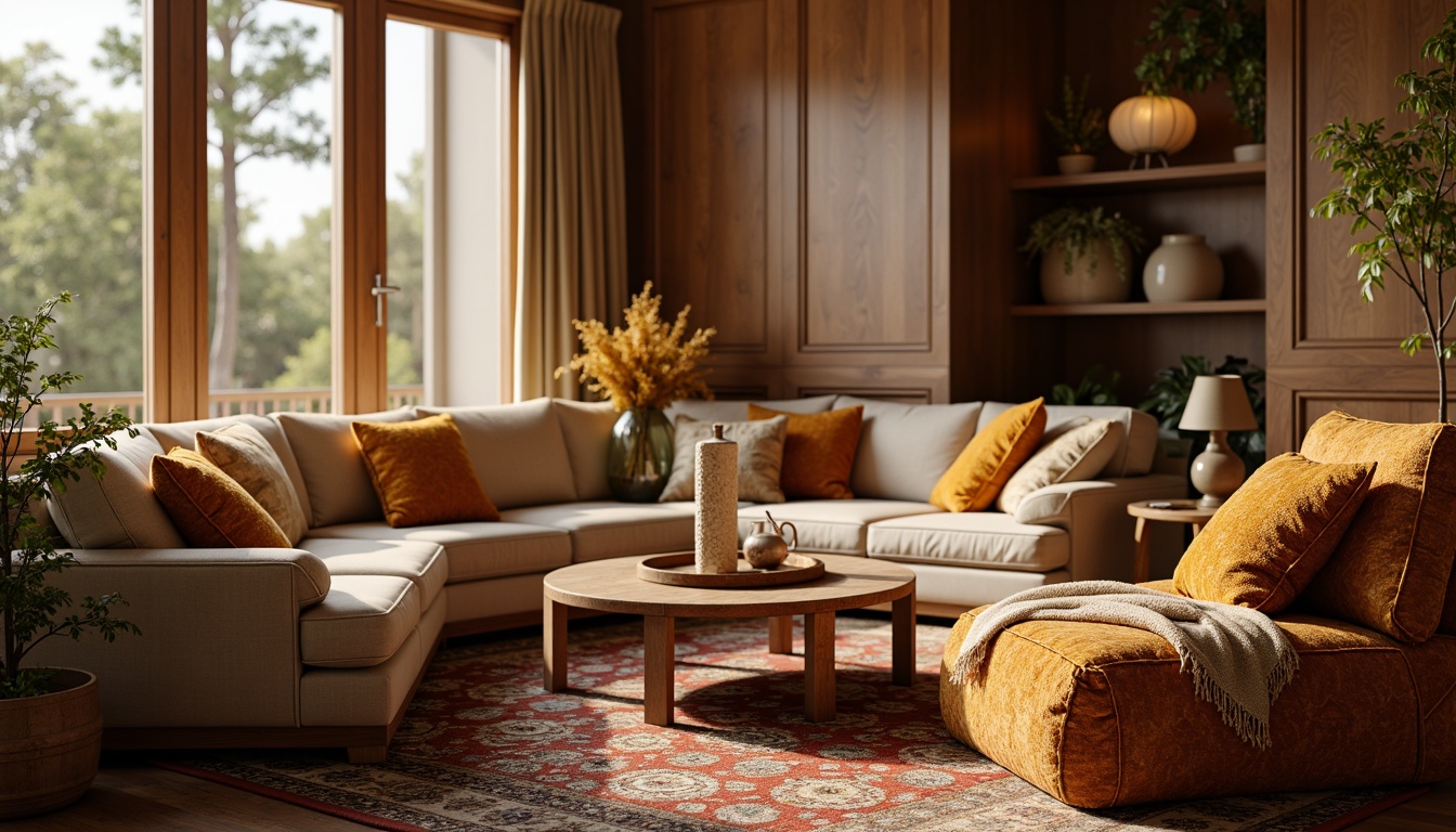 Prompt: Cozy living room, plush throw pillows, soft velvet fabrics, warm beige tones, natural wood accents, comfortable sofas, oversized armchairs, richly patterned rugs, ambient floor lamps, warm golden lighting, shallow depth of field, 3/4 composition, realistic textures, intricate stitching details, vibrant colorful patterns, luxurious materials, elegant drapery, sophisticated interior design.