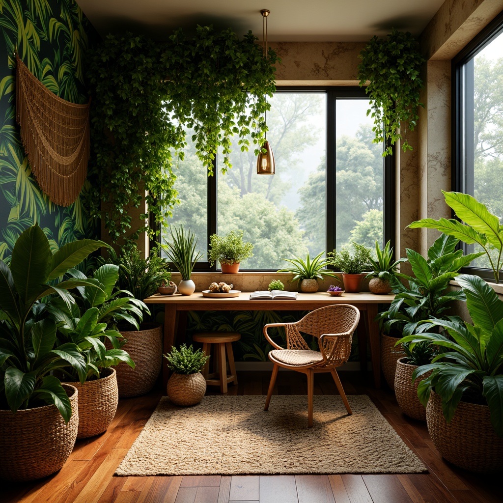 Prompt: Lush tropical home office, rattan furniture, vibrant greenery, exotic plants, wooden desk, wicker chair, natural fiber rugs, woven baskets, earthy tones, warm lighting, soft shadows, 3/4 composition, shallow depth of field, realistic textures, ambient occlusion, jungle-inspired wallpaper, palm fronds, monstera leaves, colorful flowers, humid atmosphere, misty morning light, cozy reading nook.Please let me know if this meets your requirements!