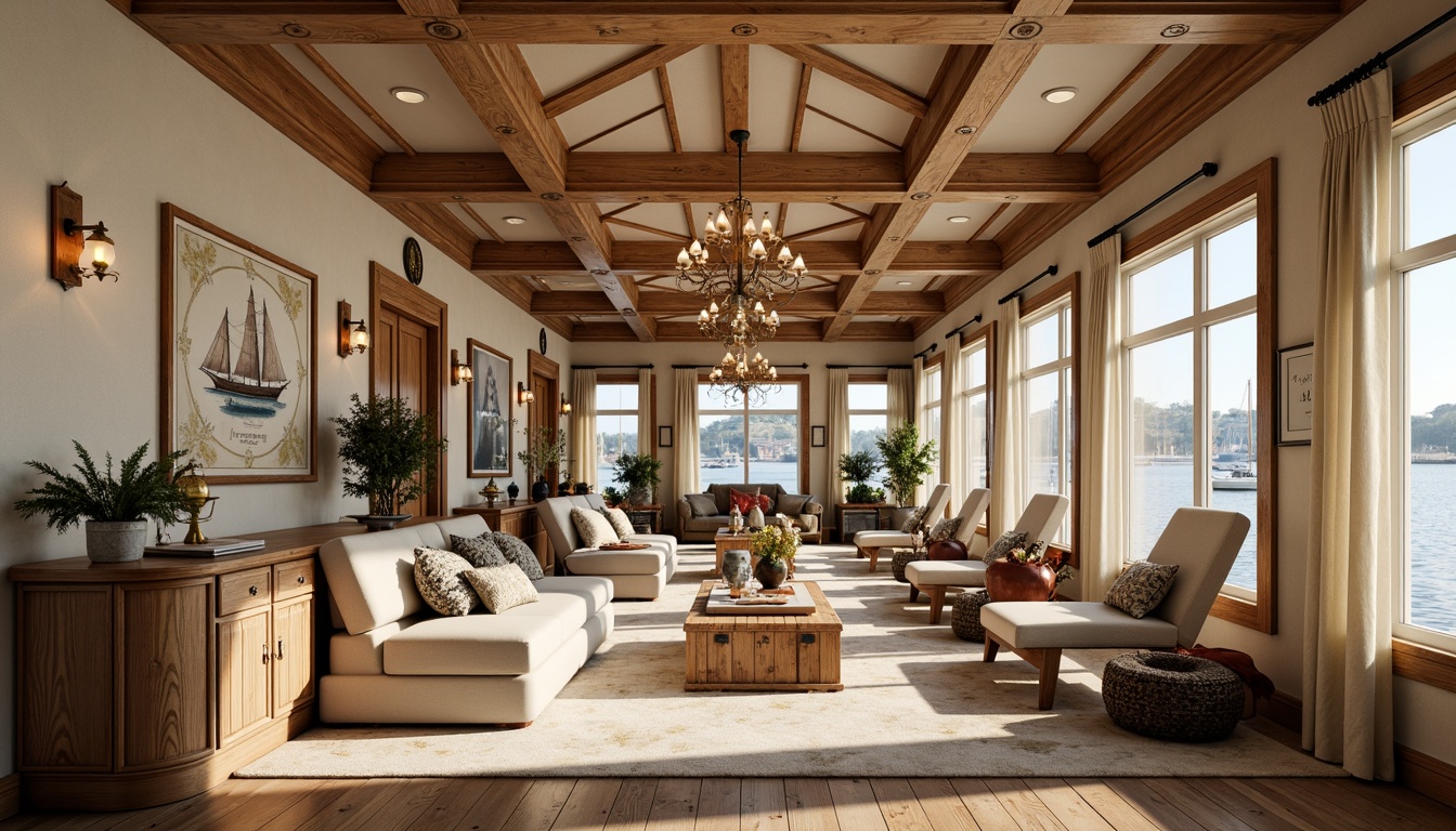 Prompt: \Elegant boathouse interior, neoclassical ceiling design, ornate moldings, soft cream colors, wooden accents, rustic charm, natural textures, warm lighting, pendant lamps, nautical decorations, vintage boat models, fishing nets, life rings, antique maps, distressed wood beams, high ceilings, grand chandeliers, luxurious fabrics, classic architectural details, subtle patterns, warm beige tones, golden hardware, sophisticated ambiance, 1/1 composition, softbox lighting, realistic reflections.\