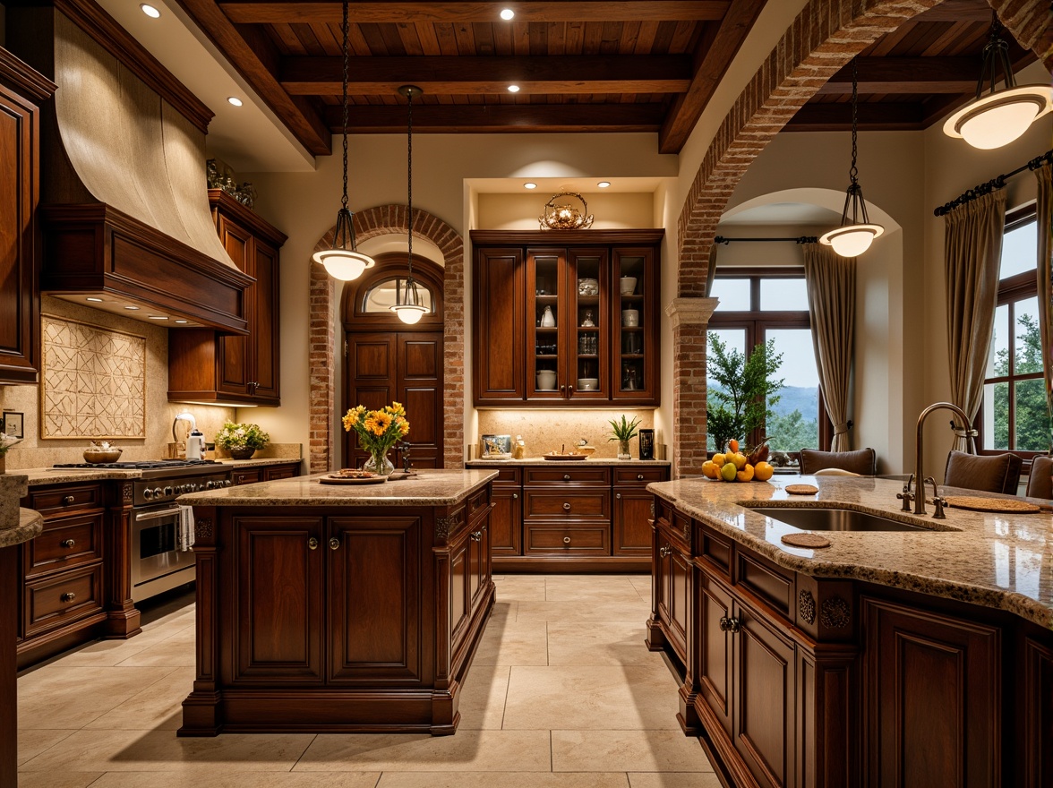 Prompt: Renaissance-style kitchen, warm earthy tones, ornate wooden cabinets, decorative metal hardware, elegant granite countertops, classic pendant lights, rustic bronze chandeliers, soft warm glow, ambient lighting, subtle shadows, 3/4 composition, realistic textures, shallow depth of field, natural stone flooring, brick archways, lavish curtains, refined luxury atmosphere.