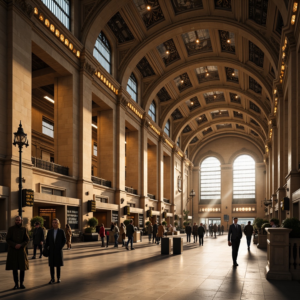 Prompt: Grand train station, imposing columns, ornate capitals, neoclassical architecture, symmetrical fa\u00e7ade, high ceilings, intricate moldings, detailed carvings, polished marble floors, large windows, natural light, bustling atmosphere, vintage clock towers, classic lanterns, bronze details, warm golden lighting, shallow depth of field, 1/2 composition, realistic textures, ambient occlusion.