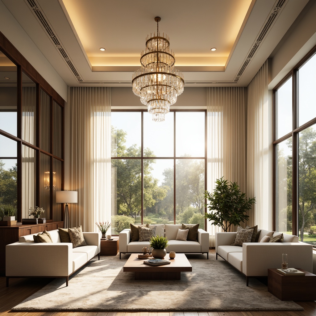 Prompt: Elegant living room, sophisticated chandelier, soft warm glow, crystal droplets, polished metal accents, creamy white walls, plush area rug, comfortable sofas, modern coffee table, floor-to-ceiling windows, natural daylight, afternoon sunbeams, subtle shading, layered lighting effect, 1/2 composition, shallow depth of field, realistic textures, ambient occlusion.