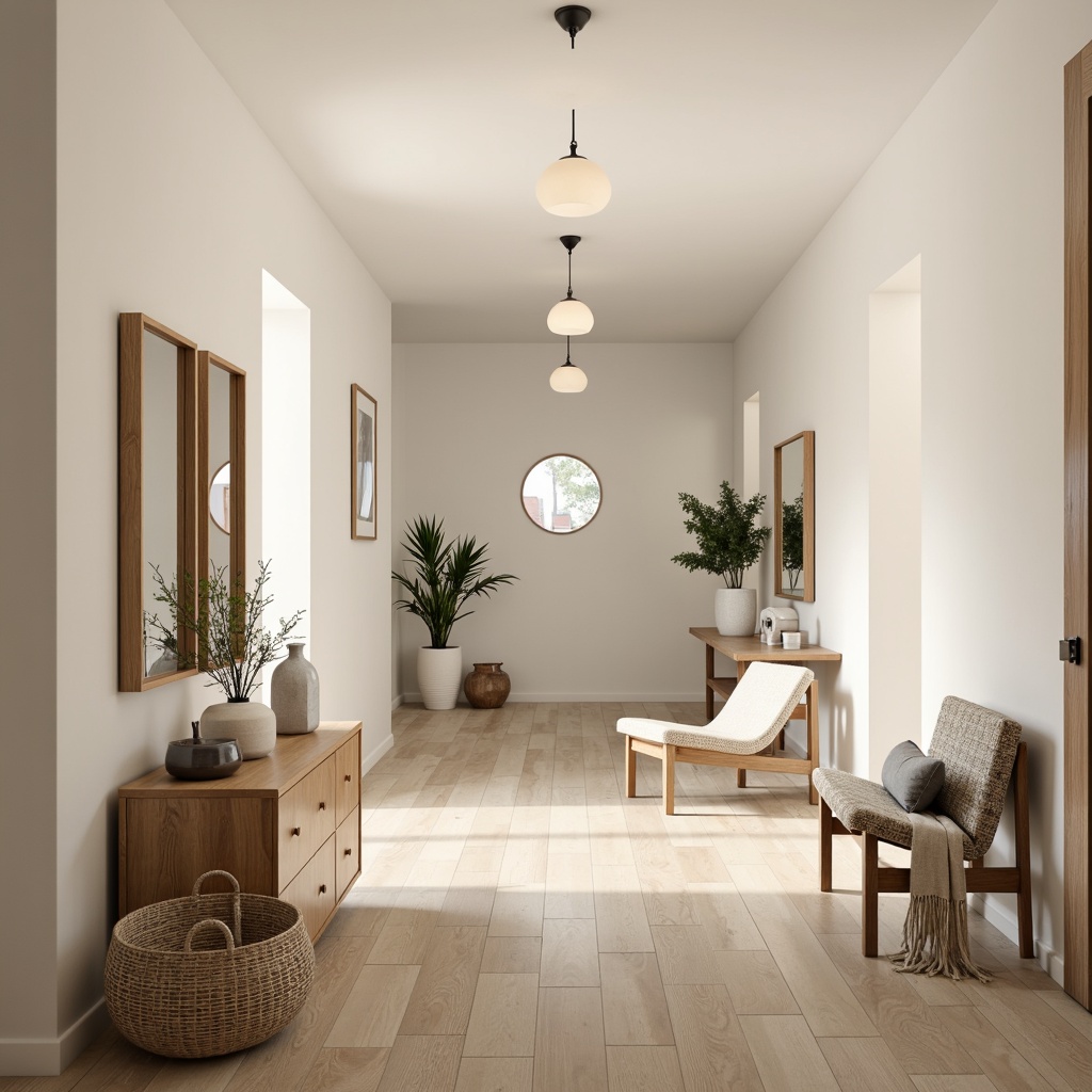 Prompt: Minimalist hallway, light wood flooring, cream-colored walls, sleek lines, Nordic-inspired furniture, low-profile console tables, minimalist mirrors, pendant lighting fixtures, natural textiles, woven baskets, greenery accents, monochromatic color scheme, soft warm lighting, shallow depth of field, 3/4 composition, realistic textures, ambient occlusion.Let me know if you need any adjustments!