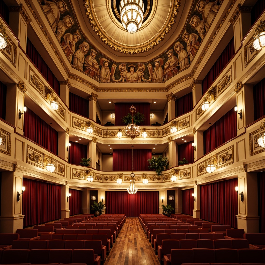 Prompt: Elegant opera house, grandiose fa\u00e7ade, ornate details, rich velvet curtains, polished wooden floors, intricate moldings, crystal chandeliers, luxurious seating areas, acoustic panels, sound-absorbing materials, high ceilings, spacious lobbies, marble columns, bronze hardware, warm golden lighting, dramatic spotlights, 1/1 composition, symmetrical architecture, neoclassical style, refined textures, ambient occlusion.