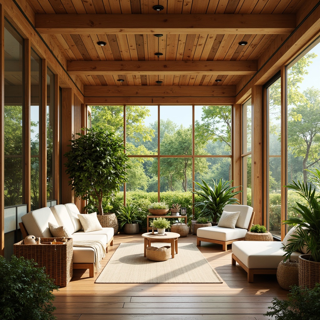 Prompt: Vibrant sunroom, warm natural light, lush greenery, wooden accents, comfortable seating, bright citrus hues, soft cream tones, calming blue shades, airy atmosphere, spacious interior, large windows, sliding glass doors, modern minimalist decor, natural textiles, woven baskets, potted plants, cozy throw blankets, sunny day, gentle warm lighting, shallow depth of field, 3/4 composition, panoramic view, realistic textures, ambient occlusion.