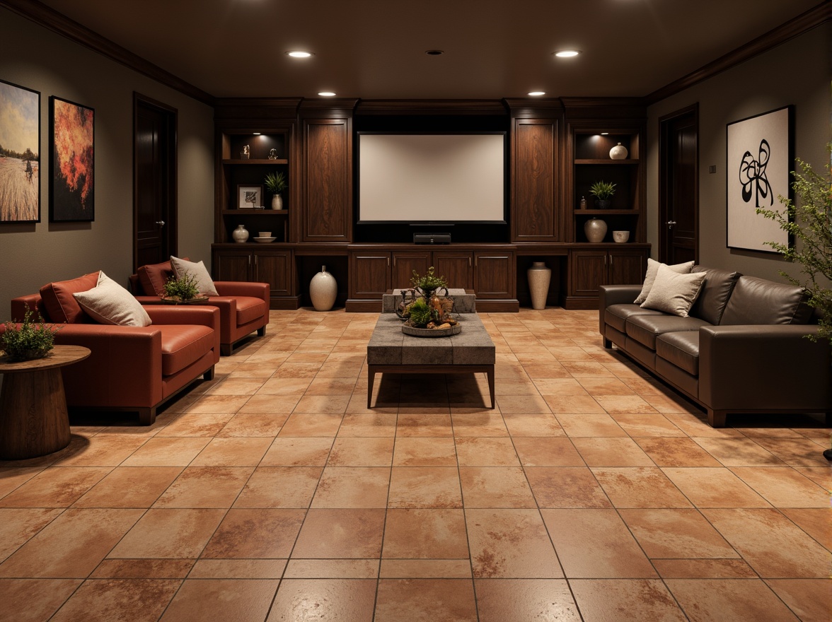 Prompt: Moisture-resistant basement floor, industrial-style epoxy coating, sleek concrete finish, warm terracotta tile, natural stone pattern, rustic wood grain, ambient lighting, cozy atmosphere, functional storage solutions, comfortable seating areas, modern entertainment systems, cinematic screen, immersive sound system, dark accent walls, rich wood cabinetry.