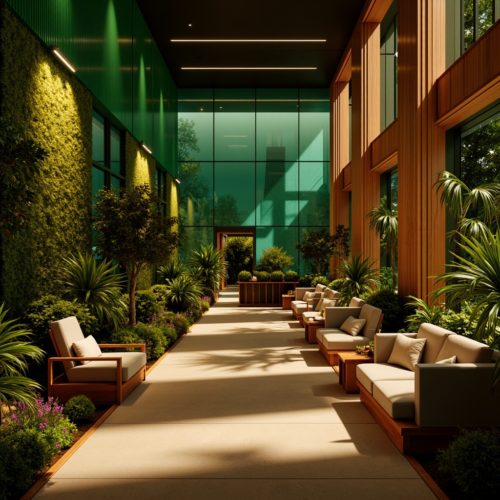 Prompt: Luminous cinema interior, tropical green walls, exotic plants, wooden accents, glass partitions, sleek metal frames, natural textiles, ambient warm lighting, shallow depth of field, 3/4 composition, cinematic camera angles, vibrant color palette, realistic reflections, subtle animations, modern minimalist furniture, comfortable seating areas, atmospheric sound effects, soft focus blur, warm beige tones, luxurious velvet fabrics.