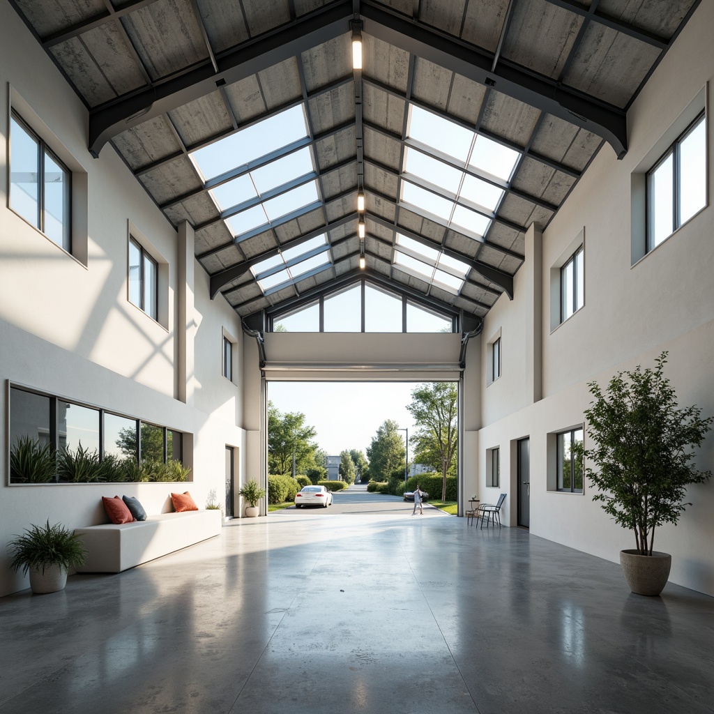 Prompt: Spacious garage interior, abundant natural light, skylights, clerestory windows, transparent glass doors, reflective white walls, polished concrete floors, minimal obstructions, open floor plan, airy atmosphere, industrial-chic decor, exposed ductwork, steel beams, modern LED lighting, warm color tones, shallow depth of field, 1/2 composition, softbox lighting, realistic textures, ambient occlusion.