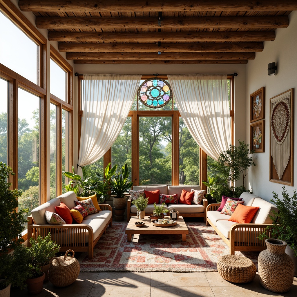 Prompt: Vibrant sunroom, eclectic decor, colorful throw pillows, natural textiles, woven baskets, reclaimed wood accents, lush greenery, potted plants, rattan furniture, macrame wall hangings, floor-to-ceiling windows, sheer white curtains, billowy drapes, stained glass panels, ornate metalwork, global-inspired patterns, warm ambient lighting, soft warm colors, cozy reading nooks, plush area rugs, natural stone flooring.