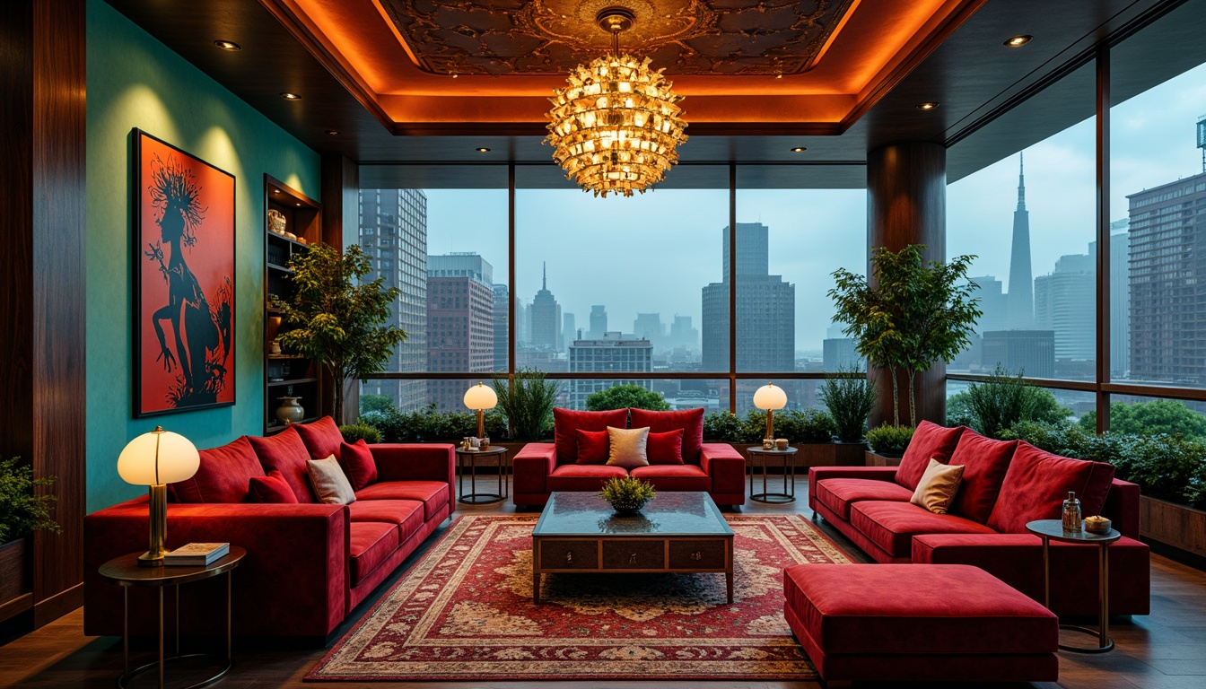 Prompt: Rich eclectic penthouse, luxurious furnishings, bold color scheme, vibrant turquoise walls, deep crimson accents, warm golden lighting, plush velvet sofas, rich wood paneling, ornate metal fixtures, eclectic artwork, lavish chandeliers, dramatic city skyline views, floor-to-ceiling windows, minimalist balcony railings, urban jungle surroundings, misty morning atmosphere, softbox lighting, cinematic composition, realistic textures.