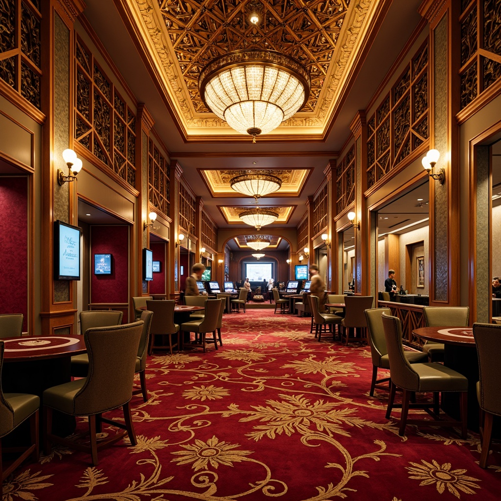 Prompt: Richly ornate casino interior, traditional luxury style, lavish wall finishes, velvet textured wallpaper, metallic leafing, intricate moldings, ornamental plasterwork, gilded accents, warm golden lighting, crystal chandeliers, plush carpeting, luxurious upholstery, regal crimson reds, deep emerald greens, sophisticated neutrals, ornate ceiling details, grand scale, opulent ambiance, soft focus, cinematic composition.