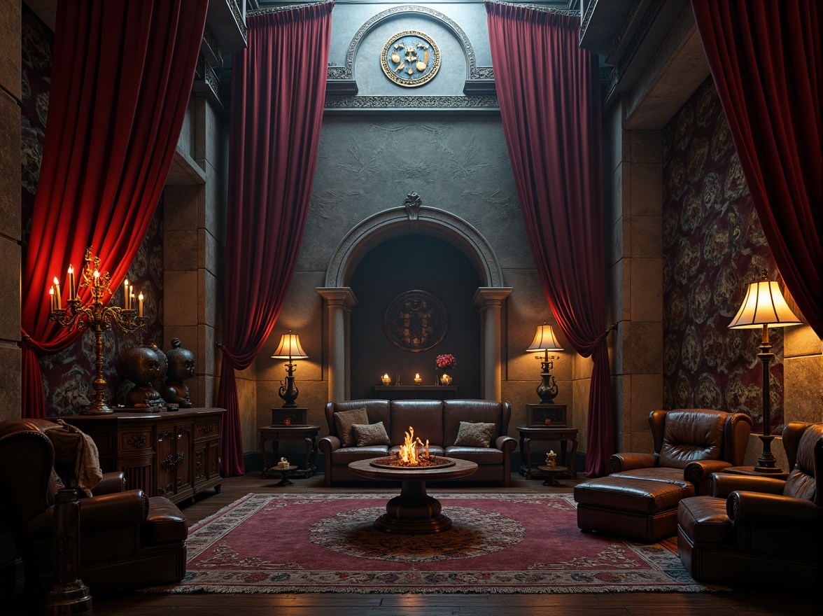 Prompt: Dark mysterious chamber, rich velvet drapes, ornate wooden furnishings, eerie candelabras, mystical symbols, lavish tapestries, weathered stone walls, mysterious foggy atmosphere, dim warm lighting, deep red accents, ominous black shadows, heavy metal fixtures, distressed leather upholstery, intricate carvings, ancient artifacts, mystical lanterns, hauntingly beautiful chandeliers.