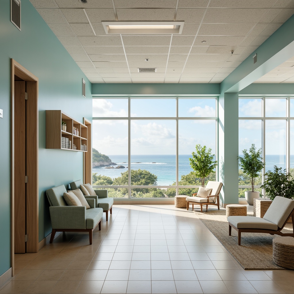 Prompt: Soothing coastal hospital interior, calming ocean blue walls, crisp white ceilings, warm beige floors, natural wood accents, soft sandy beige furniture, coral-inspired decorative elements, seafoam green accent chairs, driftwood gray cabinetry, gentle wave-patterned textiles, ocean breeze-inspired ventilation systems, abundant natural light, large windows overlooking the coast, serene outdoor spaces with native plants, gentle ambient lighting, shallow depth of field, 1/1 composition, realistic reflections.