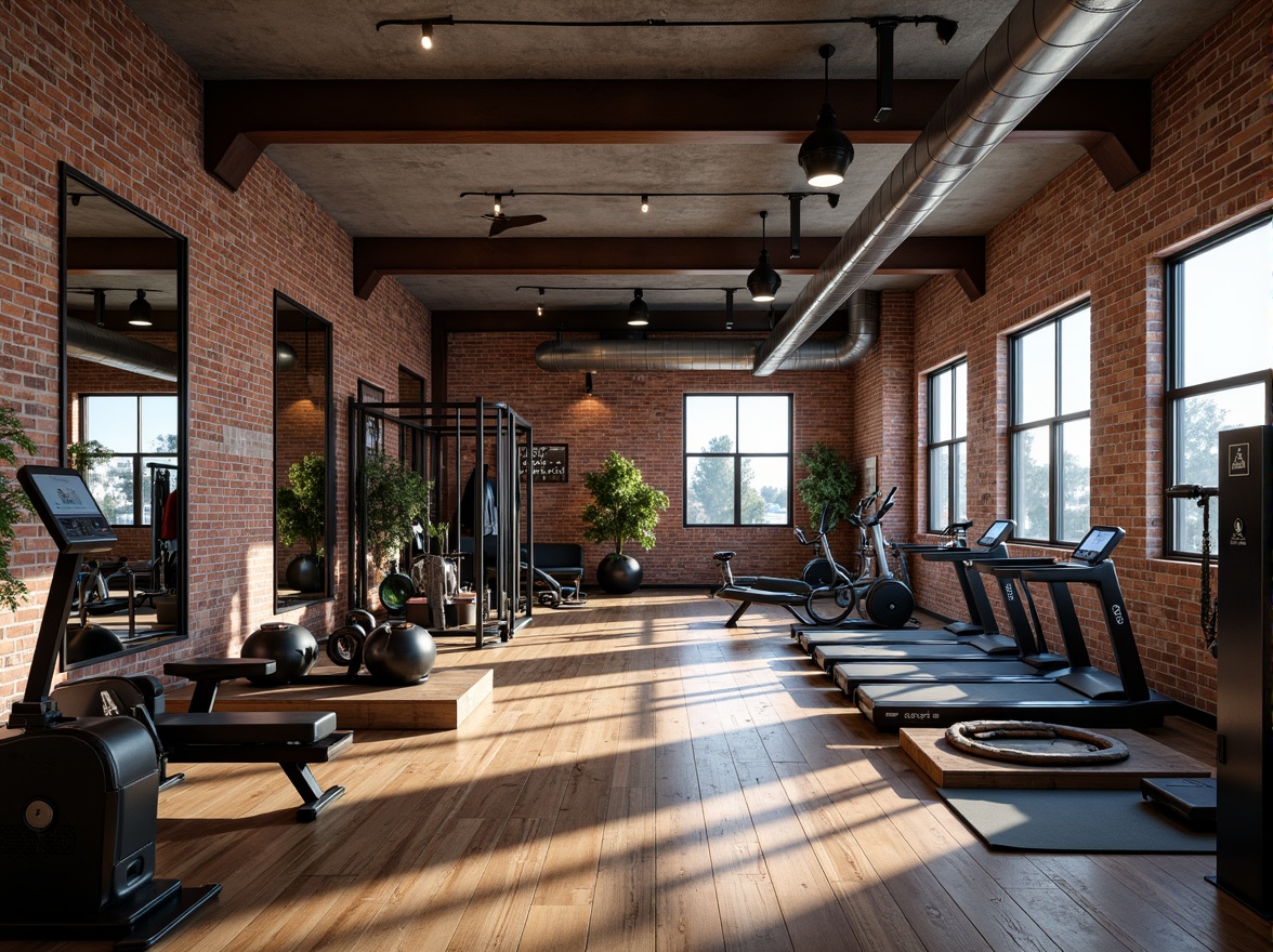 Prompt: Exposed brick walls, metal beams, industrial-style lighting, rustic wooden floors, mirrored walls, professional-grade exercise equipment, free weights, kettlebells, resistance bands, pull-up bars, squat racks, treadmills, stationary bikes, rowing machines, punching bags, jump ropes, medicine balls, adjustable benches, dumbbells, barbells, yoga mats, sound systems, motivational quotes, modern industrial architecture, urban loft-style windows, concrete ceilings, metal staircases, reclaimed wood accents, distressed finishes, bold color schemes, high-intensity lighting, dramatic shadows, 3/4 composition, realistic textures, ambient occlusion.