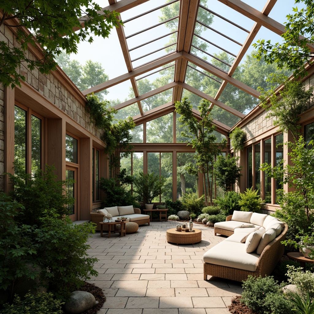 Prompt: Scandinavian-style greenhouse, lush greenery, tropical plants, natural stone walls, wooden accents, minimalist decor, large skylights, clerestory windows, sliding glass doors, maximum natural light, soft warm illumination, ambient shadows, 1/1 composition, shallow depth of field, realistic textures, subtle color palette, earthy tones, organic shapes, botanical patterns, rattan furniture, woven textiles, nature-inspired accents.