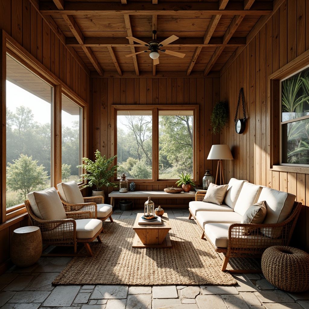 Prompt: Cozy sunroom, wooden ceiling beams, rustic wood accents, stone flooring, plush area rugs, woven wicker furniture, earthy color palette, natural textiles, vintage decorative items, warm lantern lighting, soft diffused daylight, shallow depth of field, 1/1 composition, intimate atmosphere, organic shapes, distressed finishes, rough-hewn wood, metal hardware details, botanical prints, nature-inspired patterns.