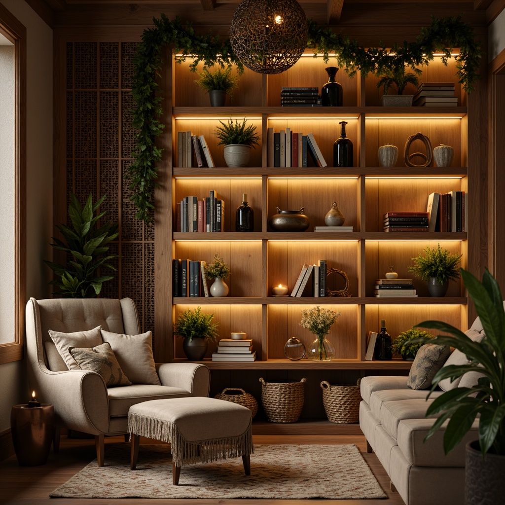 Prompt: Cozy reading nook, plush velvet armchair, soft golden lighting, floor-to-ceiling bookshelves, wooden ladder, woven basket storage, rustic wooden accent wall, greenery garland, vintage-inspired metal chandelier, Moroccan-style tile flooring, oversized throw blankets, pillows with tassel trim, warm beige color scheme, intimate atmosphere, shallow depth of field, 1/1 composition, soft focus effect.