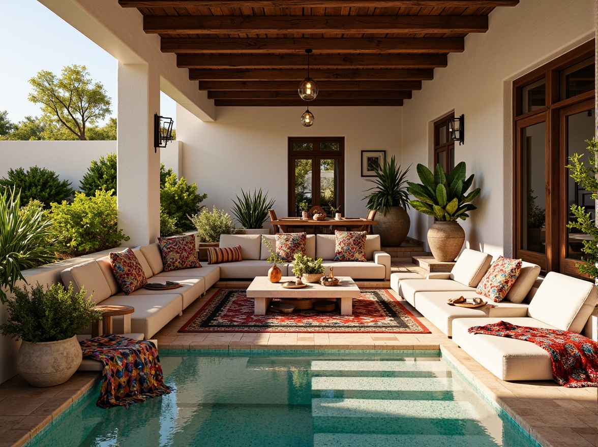 Prompt: Vibrant Mediterranean villa, ornate tile work, turquoise accents, lush greenery, rustic wooden beams, natural stone walls, colorful woven textiles, geometric patterns, intricate embroidery, plush throw pillows, warm sunny day, soft golden lighting, shallow depth of field, 1/1 composition, realistic textures, ambient occlusion.