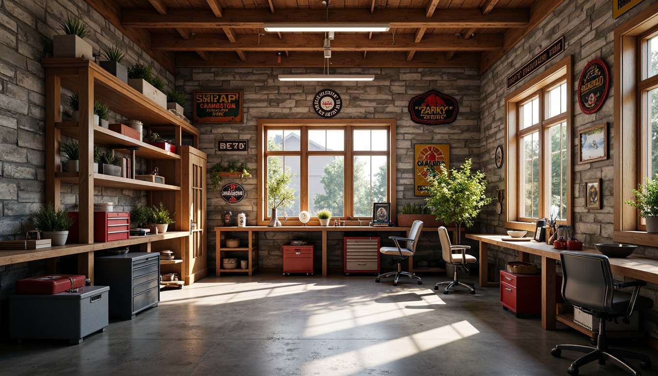 Prompt: Cozy family garage, wooden workbenches, metal toolboxes, rustic stone walls, warm overhead lighting, organized storage systems, labeled shelves, vintage automotive signs, nostalgic memorabilia, polished concrete floors, modern ergonomic chairs, adjustable desks, ample natural light, airy atmosphere, shallow depth of field, 1/2 composition, realistic textures, ambient occlusion.