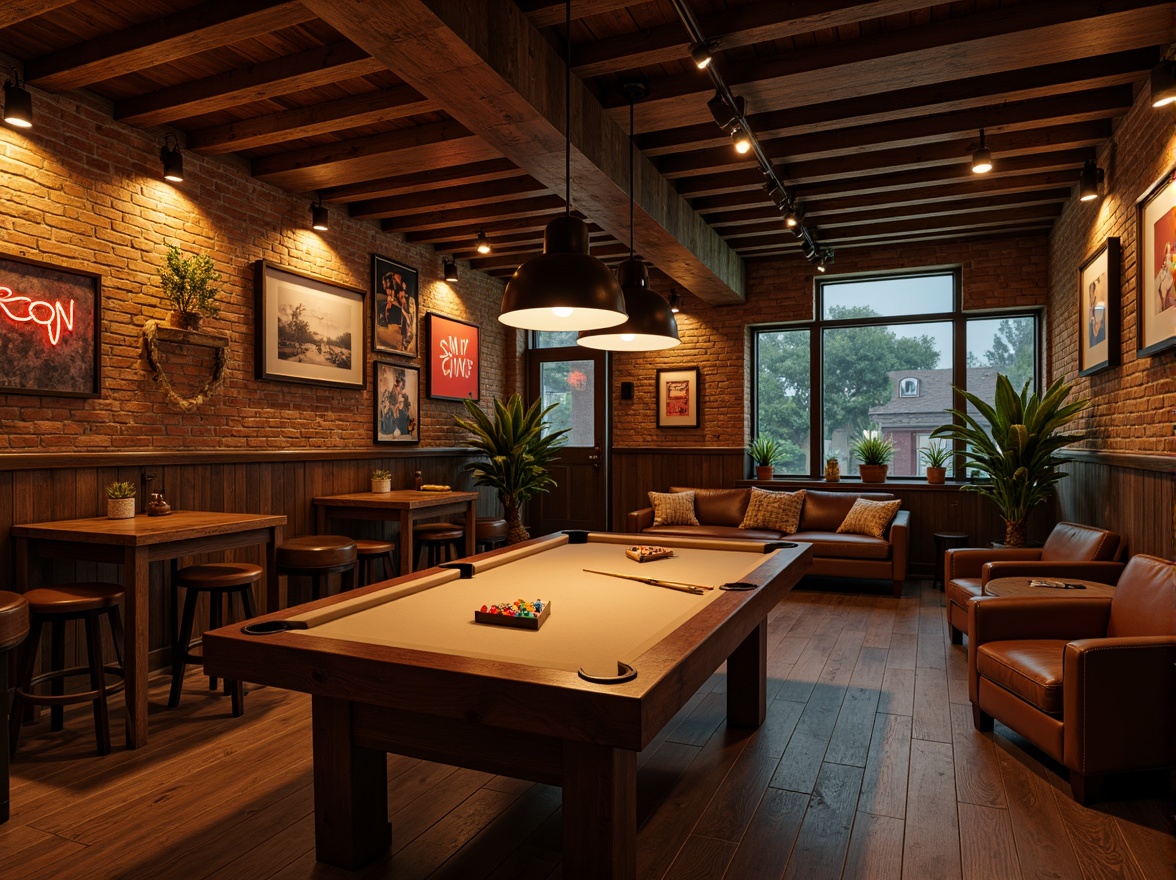 Prompt: Cozy game room, rustic wooden accents, warm lantern lighting, vintage neon signs, exposed brick walls, distressed leather furniture, rich wood tones, industrial metal decor, pool table lamps, suspended pendant lights, ambient softbox lighting, cinematic color grading, shallow depth of field, 2/3 composition, relaxed atmosphere, warm beige colors, natural textures, subtle shadows.