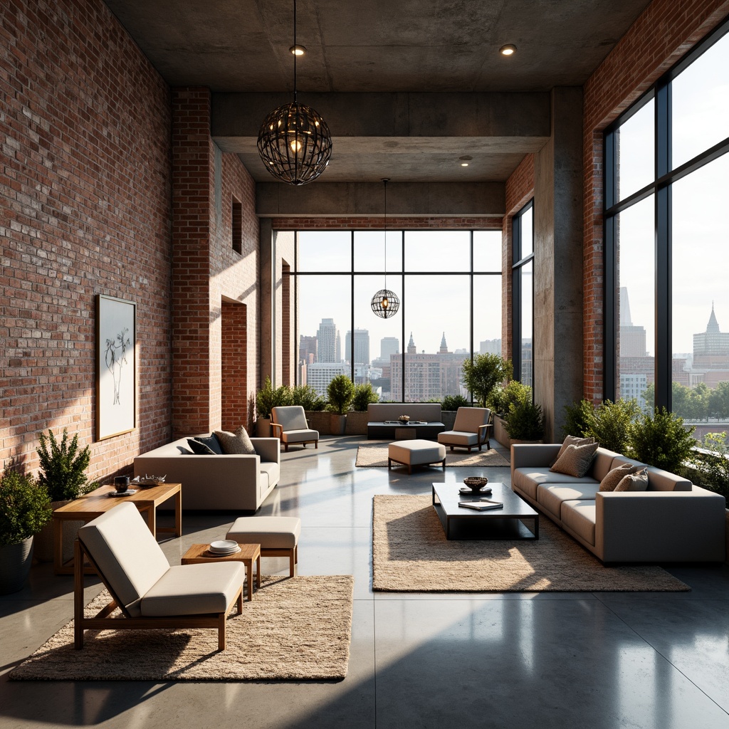 Prompt: Urban loft interior, industrial chic decor, exposed brick walls, polished concrete floors, modern minimalist furniture, sleek glass accents, transparent coffee tables, geometric-shaped chandeliers, floor-to-ceiling windows, natural light pouring in, cityscape views, cozy reading nooks, plush area rugs, soft warm lighting, 1/1 composition, shallow depth of field, realistic textures.