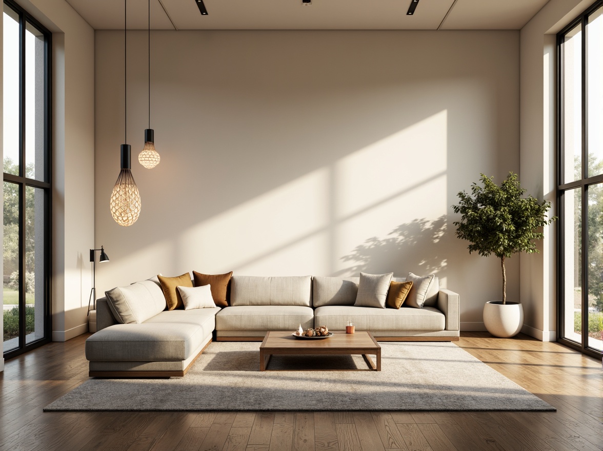 Prompt: Cosy living room, modern minimalist decor, statement light fixtures, unique pendant lamps, warm ambient glow, soft pastel hues, cream-colored walls, sleek wooden floors, plush area rugs, oversized sectional sofa, floor-to-ceiling windows, natural daylight, gentle shadows, 1/2 composition, atmospheric lighting, realistic materials, subtle color grading.