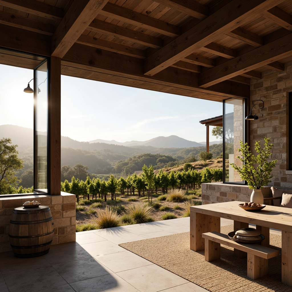 Prompt: Rustic winery exterior, rolling vineyards, sun-kissed hills, natural stone walls, wooden accents, modern minimalist architecture, large glass windows, sliding doors, open floor plans, industrial metal beams, reclaimed wood floors, earthy color palette, warm ambient lighting, soft focus photography, shallow depth of field, 1/2 composition, subtle textures, atmospheric misting.