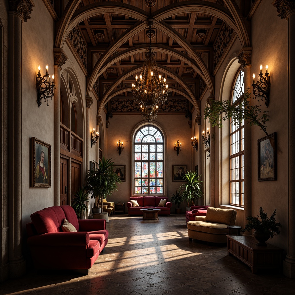 Prompt: Richly ornamented walls, intricate stone carvings, grandiose chandeliers, stained glass windows, vaulted ceilings, ribbed arches, ornate furnishings, luxurious velvet fabrics, golden accents, mysterious ambiance, soft warm lighting, dramatic shadows, 3/4 composition, symmetrical framing, realistic textures, ambient occlusion.