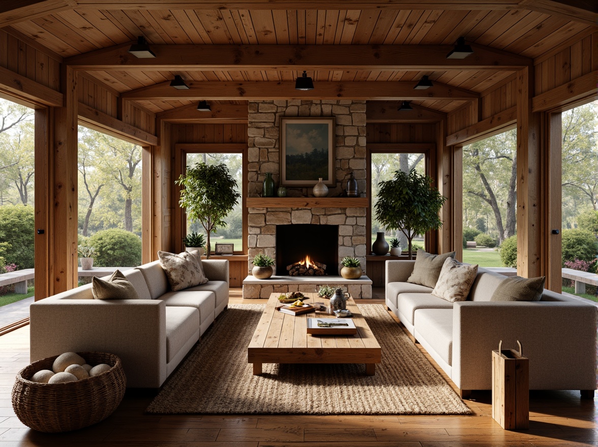 Prompt: Rustic family room, wooden furniture, distressed finishes, earthy tones, natural textures, vintage decor, cozy atmosphere, stone fireplace, plush throw blankets, comfortable couches, wooden coffee tables, woven baskets, natural fiber rugs, soft warm lighting, shallow depth of field, 3/4 composition, panoramic view, realistic textures, ambient occlusion.