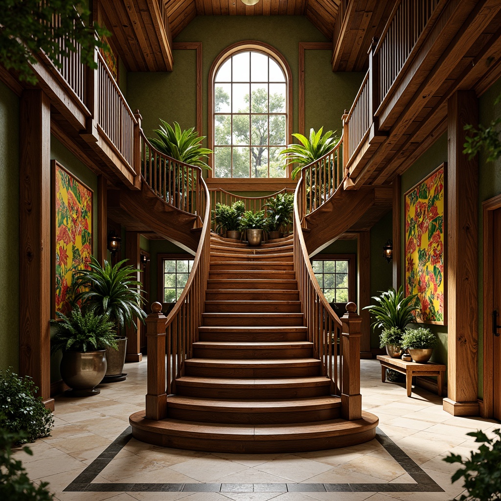 Prompt: Rich wooden handrails, exotic hardwood treads, lush greenery walls, natural stone flooring, intricate carvings, ornate metal balusters, vibrant colorful textiles, tropical leaf patterns, warm golden lighting, shallow depth of field, 3/4 composition, realistic textures, ambient occlusion, grand entrance, spacious landing, curved staircase design, luxurious feel.