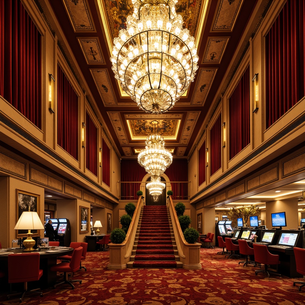 Prompt: Luxurious casino interior, ornate chandeliers, rich wood accents, velvet drapes, intricate moldings, gold leaf detailing, sparkling crystal fixtures, coffered ceiling, decorative archways, grand staircase, lavish furnishings, opulent carpets, warm golden lighting, soft focus, shallow depth of field, 1/2 composition, realistic textures, ambient occlusion.