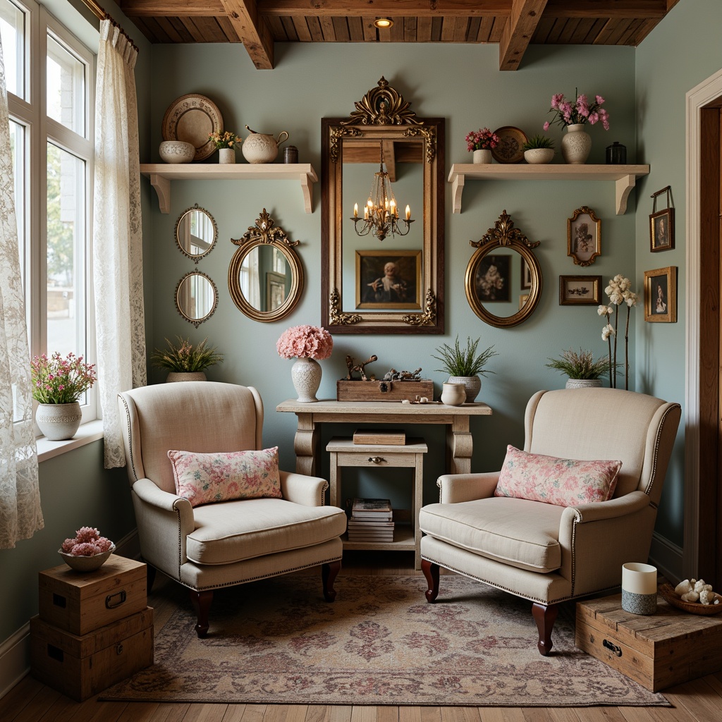 Prompt: Distressed wooden furniture, vintage decorative items, soft pastel colors, lace trimmings, floral patterns, ruffled curtains, ornate mirrors, antique accessories, worn leather armchairs, faded velvet pillows, distressed metal hardware, rustic wooden crates, natural fiber rugs, warm candlelight, soft focus photography, 1/2 composition, romantic ambiance.