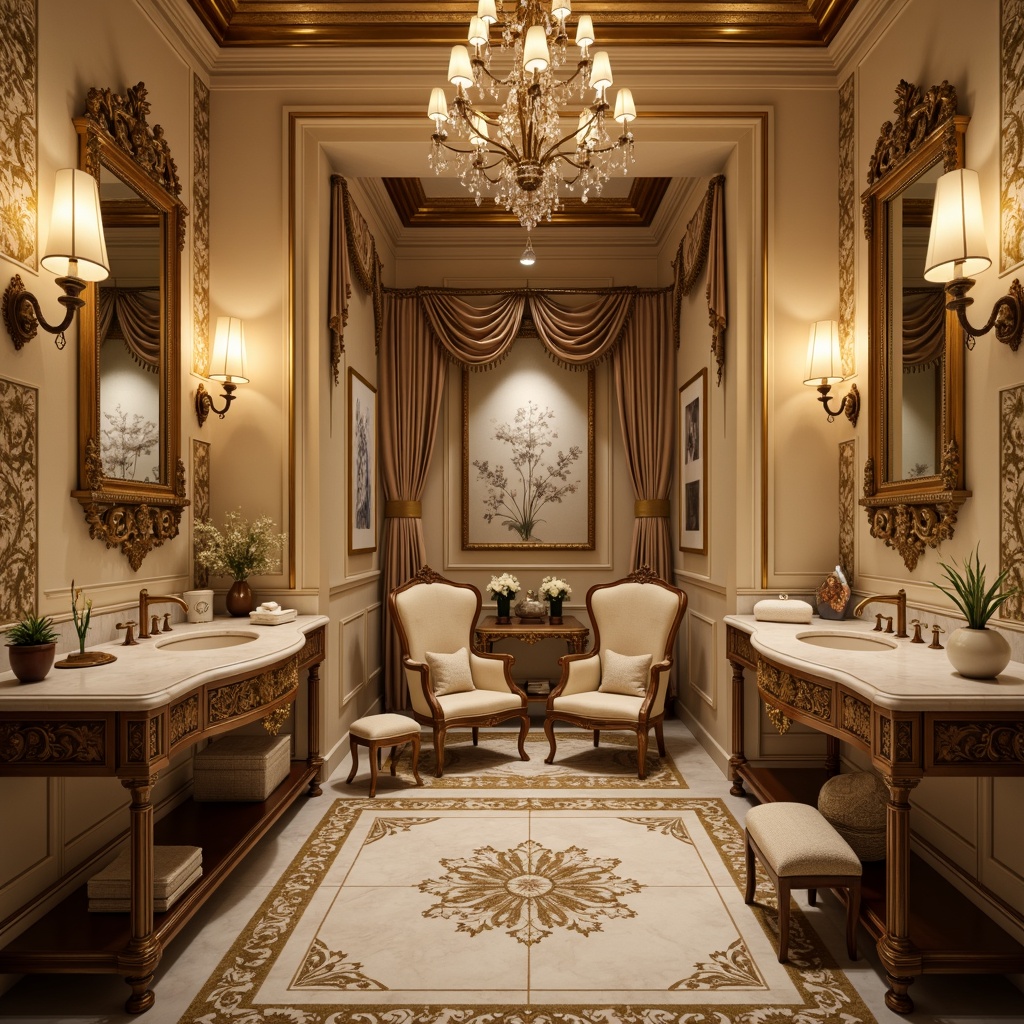 Prompt: Luxurious powder room, ornate golden frames, delicate floral patterns, soft cream walls, rich velvet fabrics, intricate carved wood, subtle Rococo influences, crystal chandeliers, warm candlelight, intimate seating areas, lavish marble countertops, antique furniture pieces, heavy drapery, opulent textiles, refined Baroque architecture, 1/2 composition, shallow depth of field, warm golden lighting, realistic reflections.