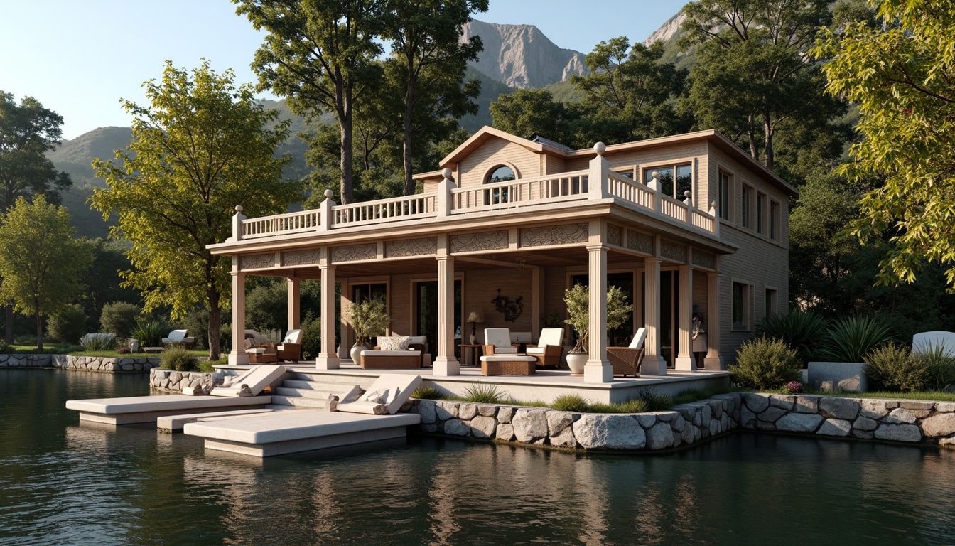 Prompt: Elegant boathouse, neoclassical fa\u00e7ade, ornate moldings, intricate carvings, grandiose columns, rustic wooden accents, natural stone foundation, serene waterfront, calm lake reflections, lush greenery surroundings, vintage nautical decorations, distressed wood textures, soft warm lighting, shallow depth of field, 1/1 composition, realistic renderings, ambient occlusion.